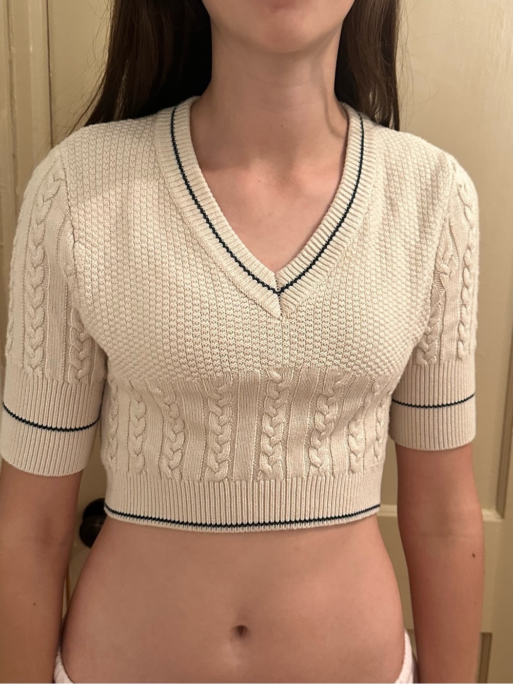 Free People Catch Your Eye Cream Cable Knit Crop Sweater- S